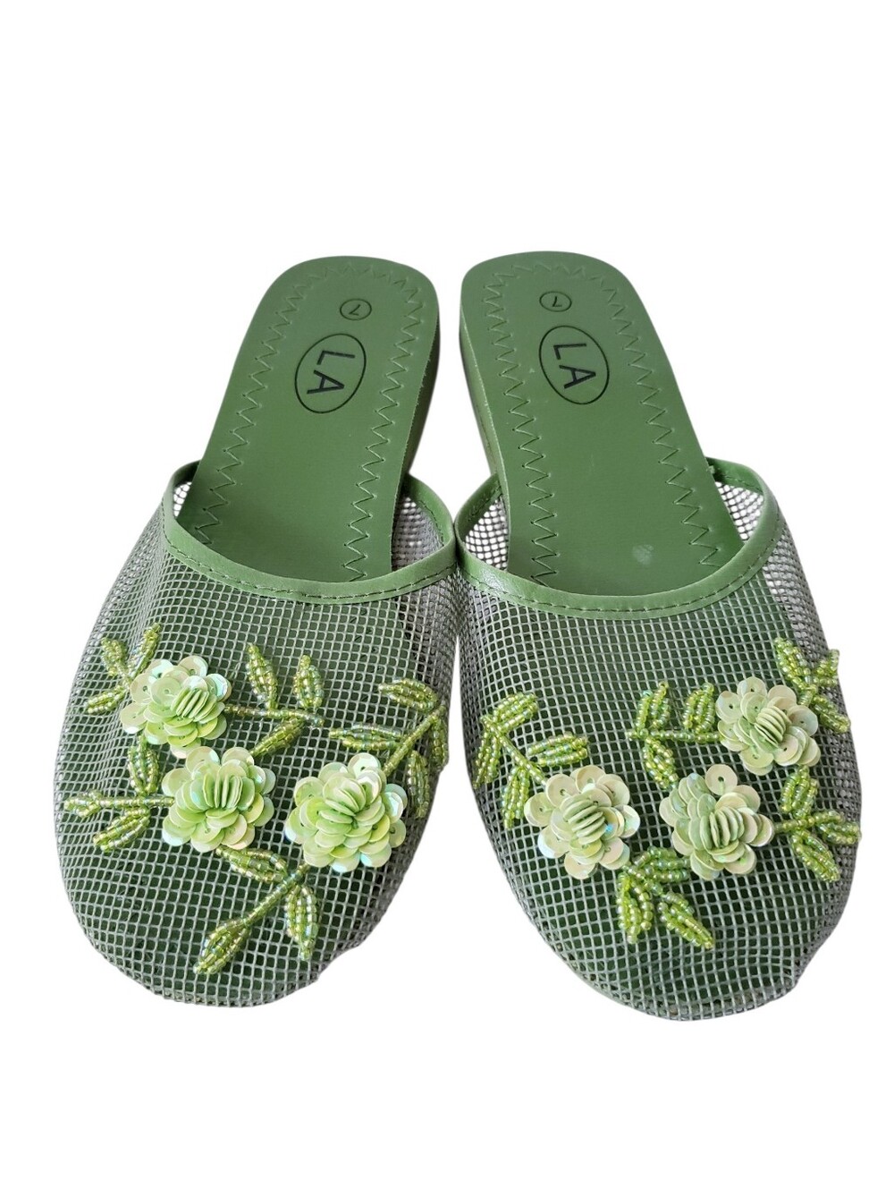 Vintage Green Floral Sequins Slippers